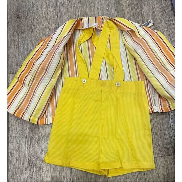 70’s Little Boy Yellow, White, and Orange Overall Shorts Outfit with Jacket Vint - Picture 3 of 10